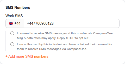 CampanaOne Add Person screen showing the SMS Numbers section with required consent options: 'I consent to receive SMS messages at this number via CampanaOne' and 'I am authorized by this individual and have obtained their consent for them to receive SMS messages via CampanaOne'