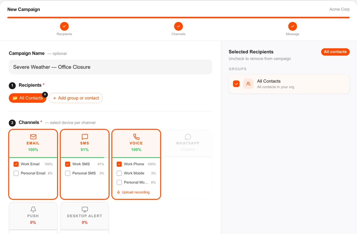 CampanaOne campaign composer with recipients and email, SMS and voice channels selected