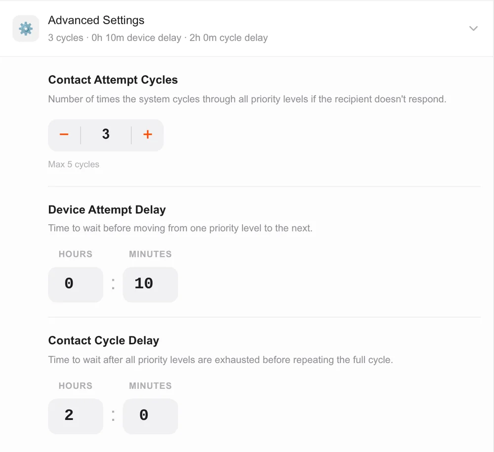 Contact attempt cycles, device attempt delay and contact cycle delay settings
